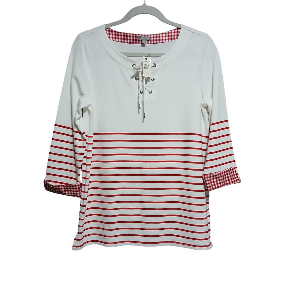 Talbots Womens Top Size S White Red Striped 3/4 Sleeve Lace Up Gingham